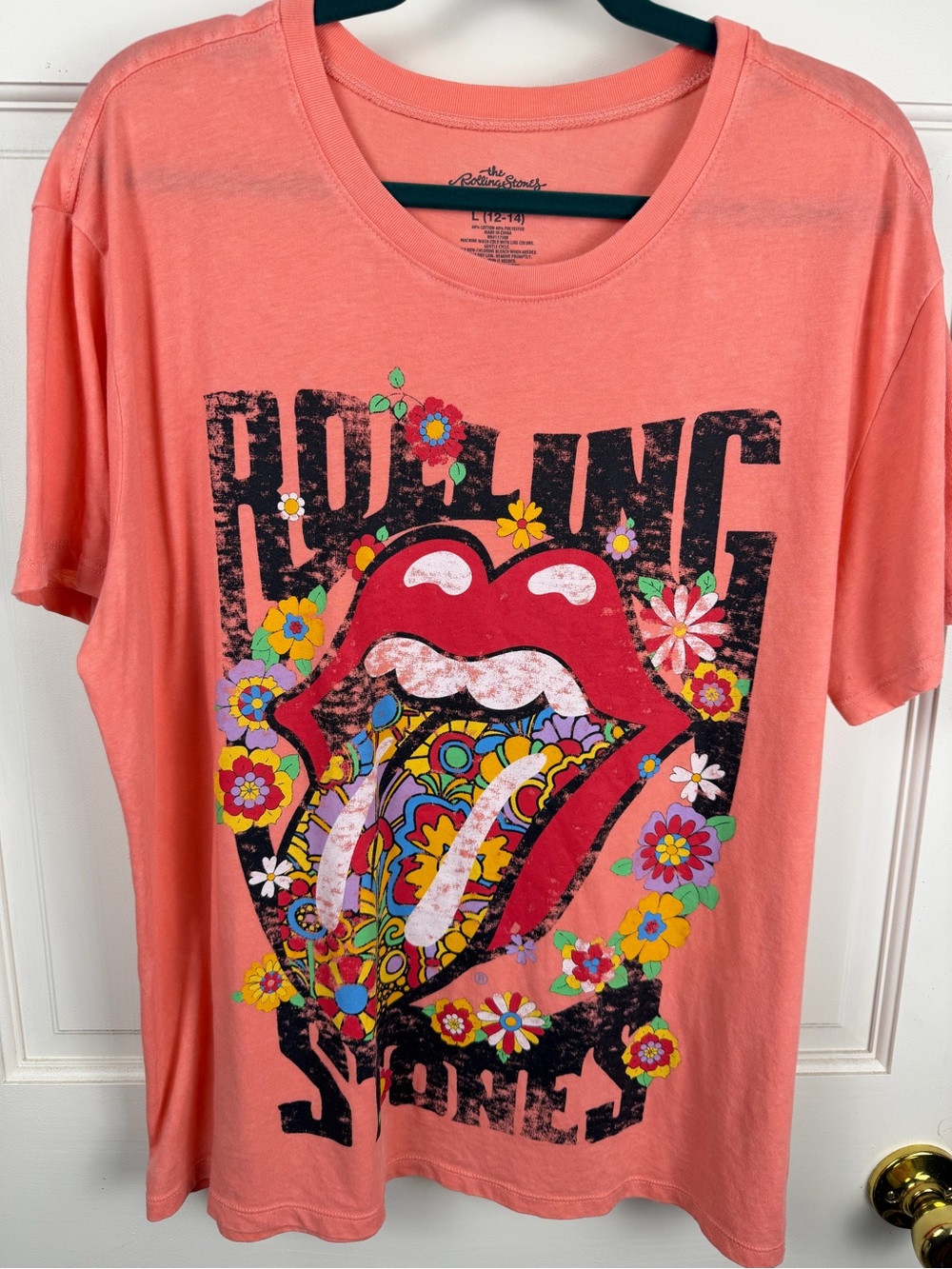 The Rolling Stones Coral Tee with Multicolor Floral Tongue